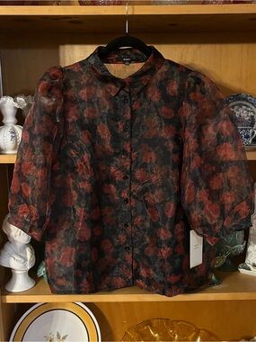 Blashe Sheer Floral Puff-Sleeve Blouse Black with Red Floral Print Size L